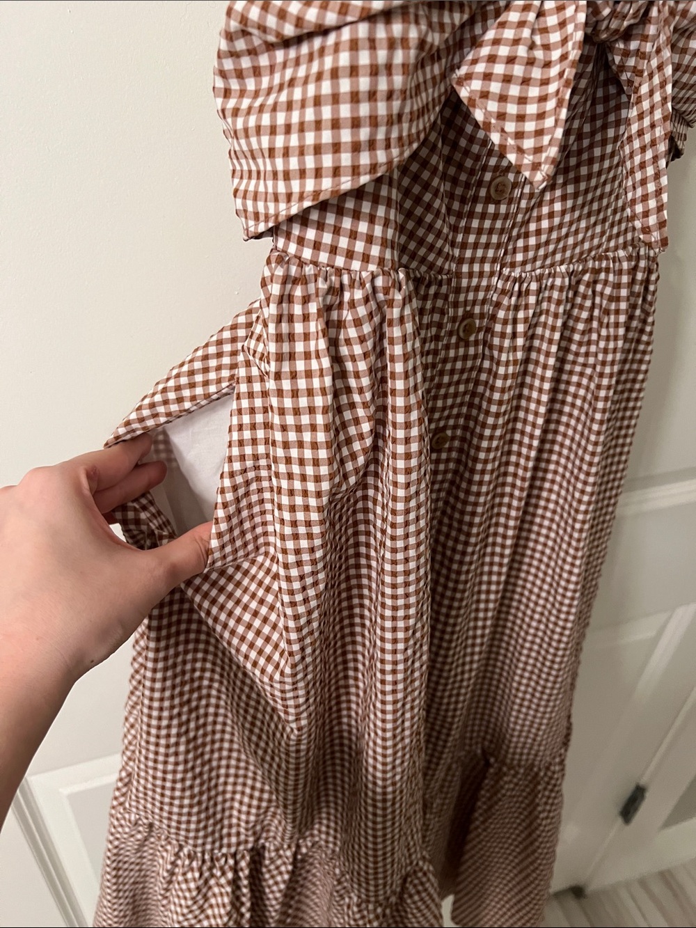Maeve (by Anthropologie): Brown Gingham Tie-Front Midi Dress - Picture 6 of 8